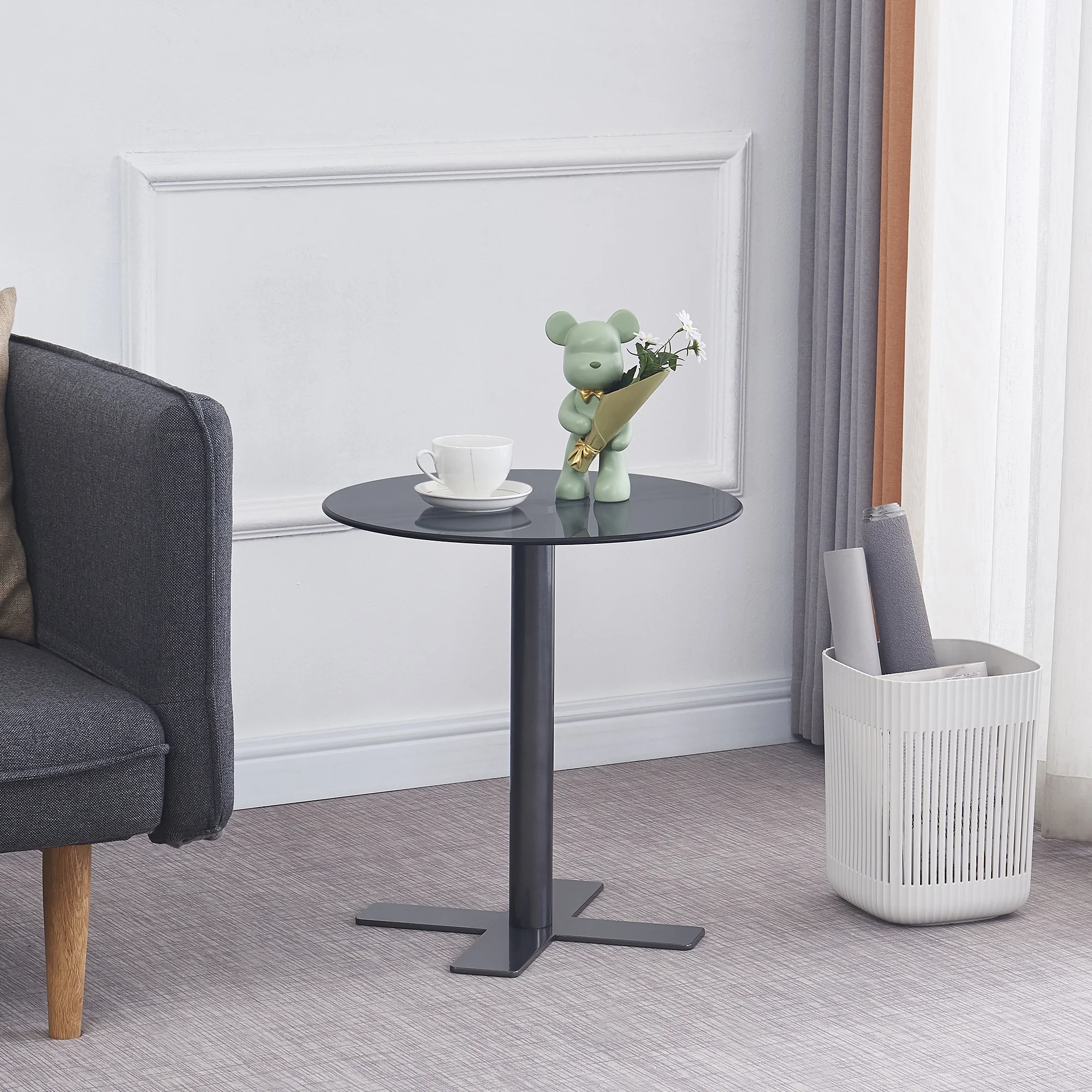 S&M Modern Glass Side Table - Round Black Glass End table with Black Leg Nightstand for Stylish Living Spaces Small Coffee Table 18.9