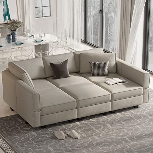 Belffin Modular Velvet Sectional Sofa with Chaise Lounge Sectional Sleeper Sofa with Storage Chaise Bed Couch for Living Room Grey