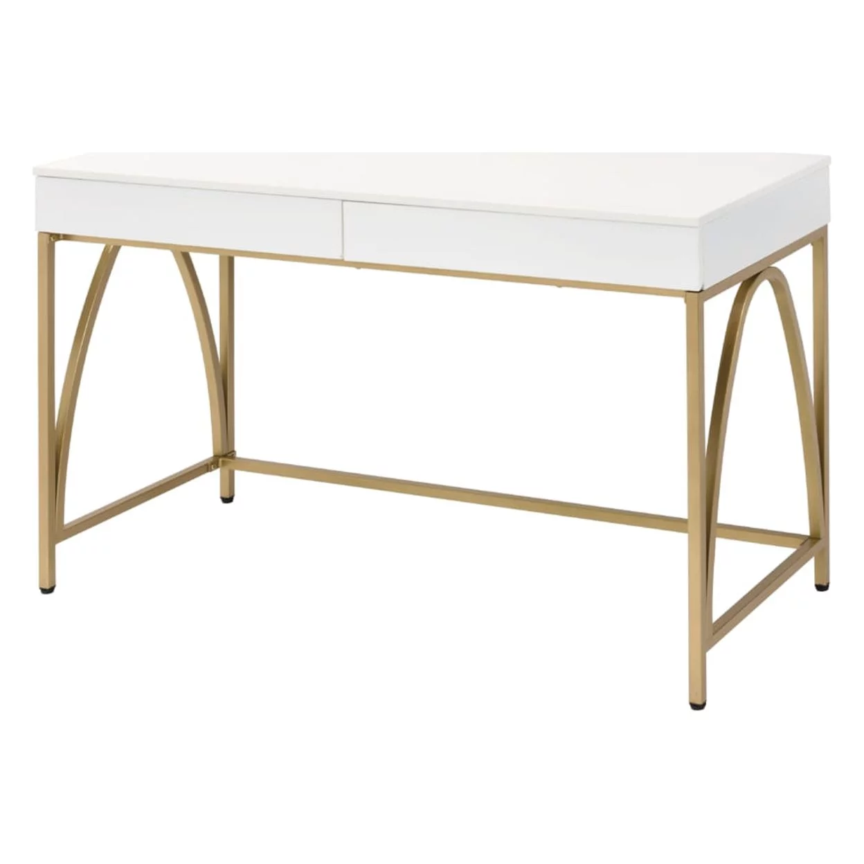 Rectangular Wooden Frame Desk with 2 Drawers and Metal Legs, White and Gold