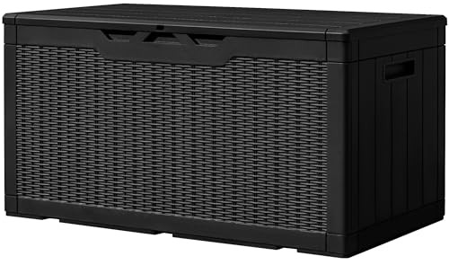 Greesum 31 Gallon Resin Deck Box Large Outdoor Storage for Patio Furniture, Garden Tools, Pool Supplies, Weatherproof and UV Resistant, Lockable, Dark Black
