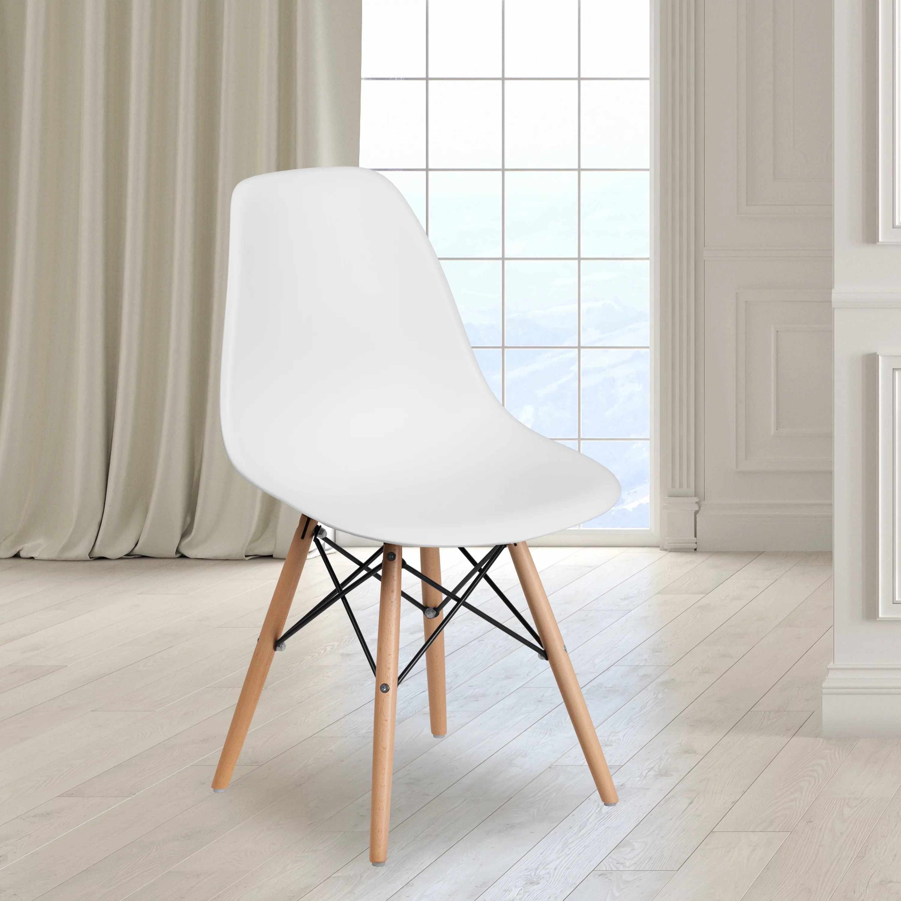 BizChair 2 Pack White Plastic Chair with Wooden Legs
