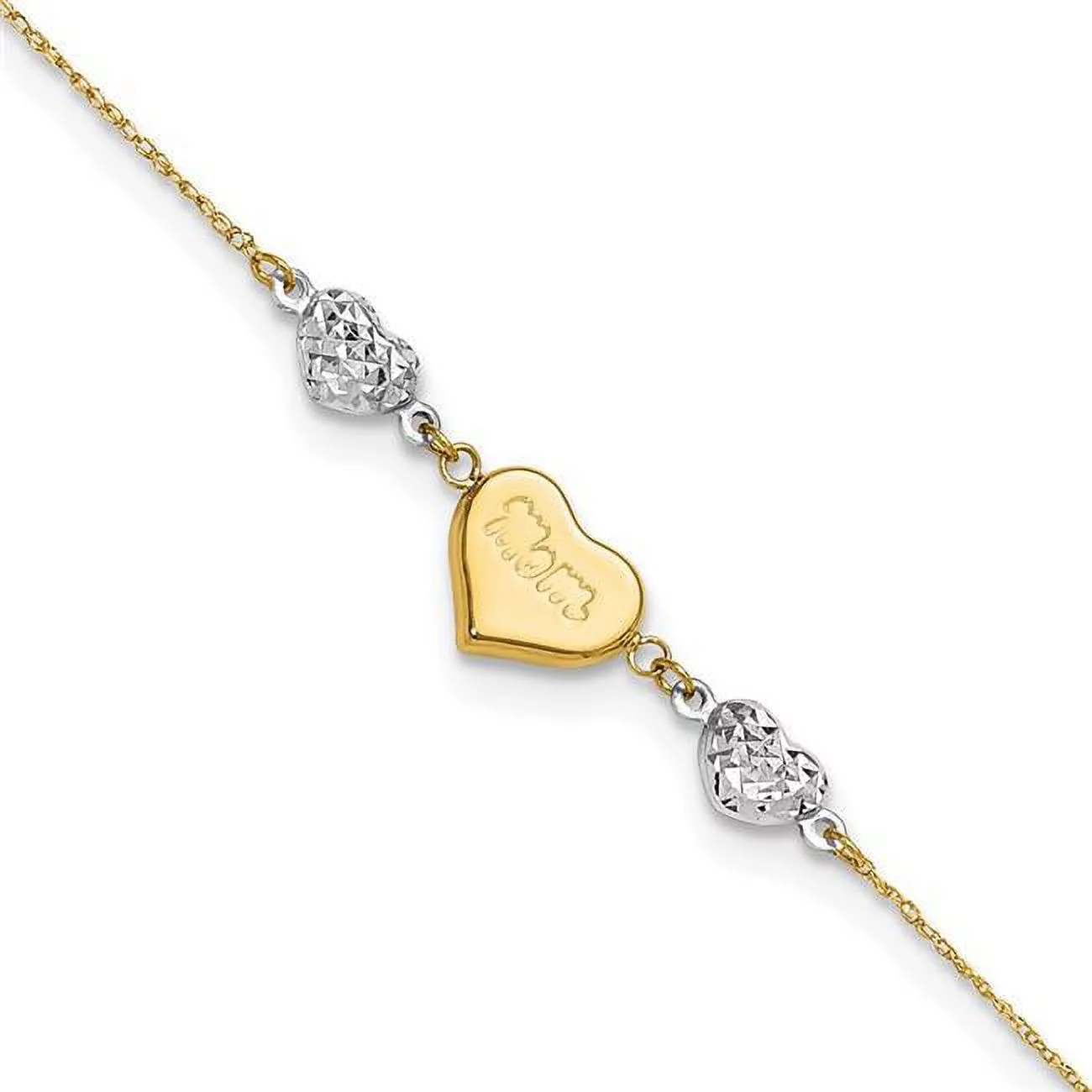 Primal Gold 14 Karat Two-Tone Diamond-cut Puffed Hearts MOM 10-inch Plus 1-inch Extension Anklet