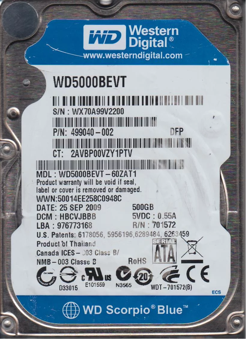 WD5000BEVT-60ZAT1, DCM HBCVJBBB, Western Digital 500GB SATA 2.5 Hard Drive
