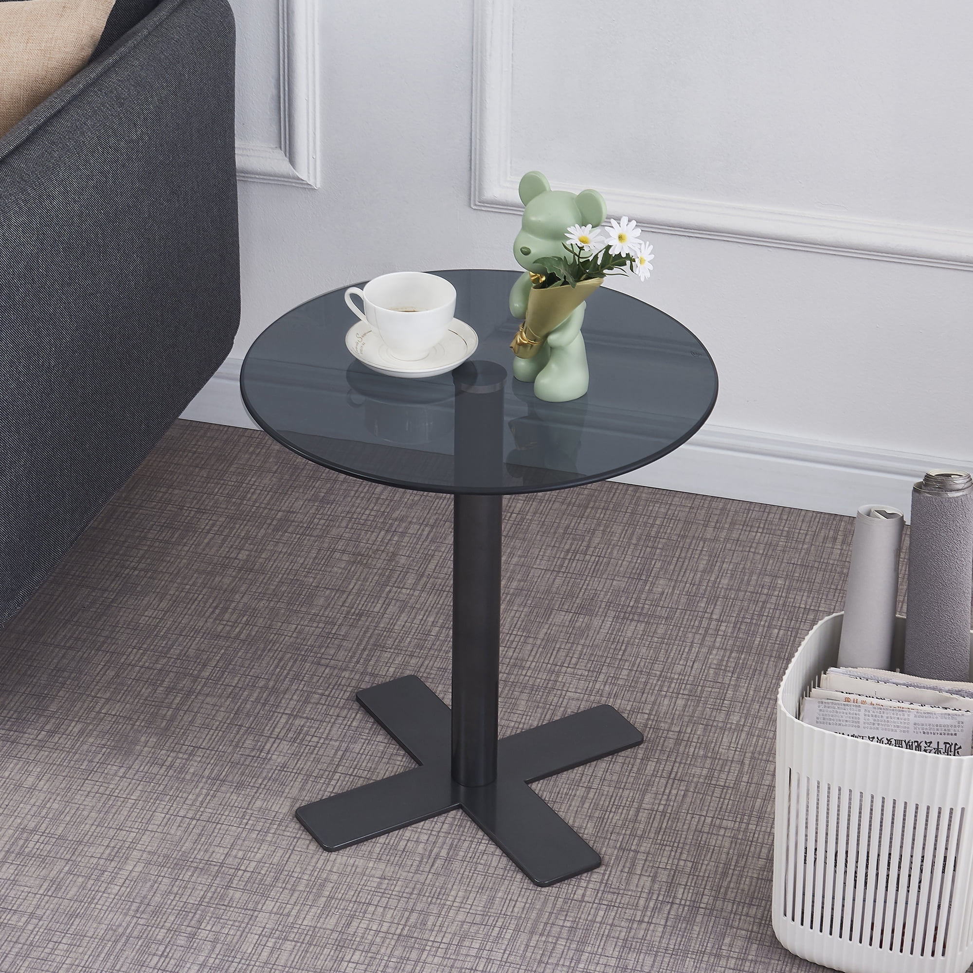 S&M Modern Glass Side Table - Round Black Glass End table with Black Leg Nightstand for Stylish Living Spaces Small Coffee Table 18.9