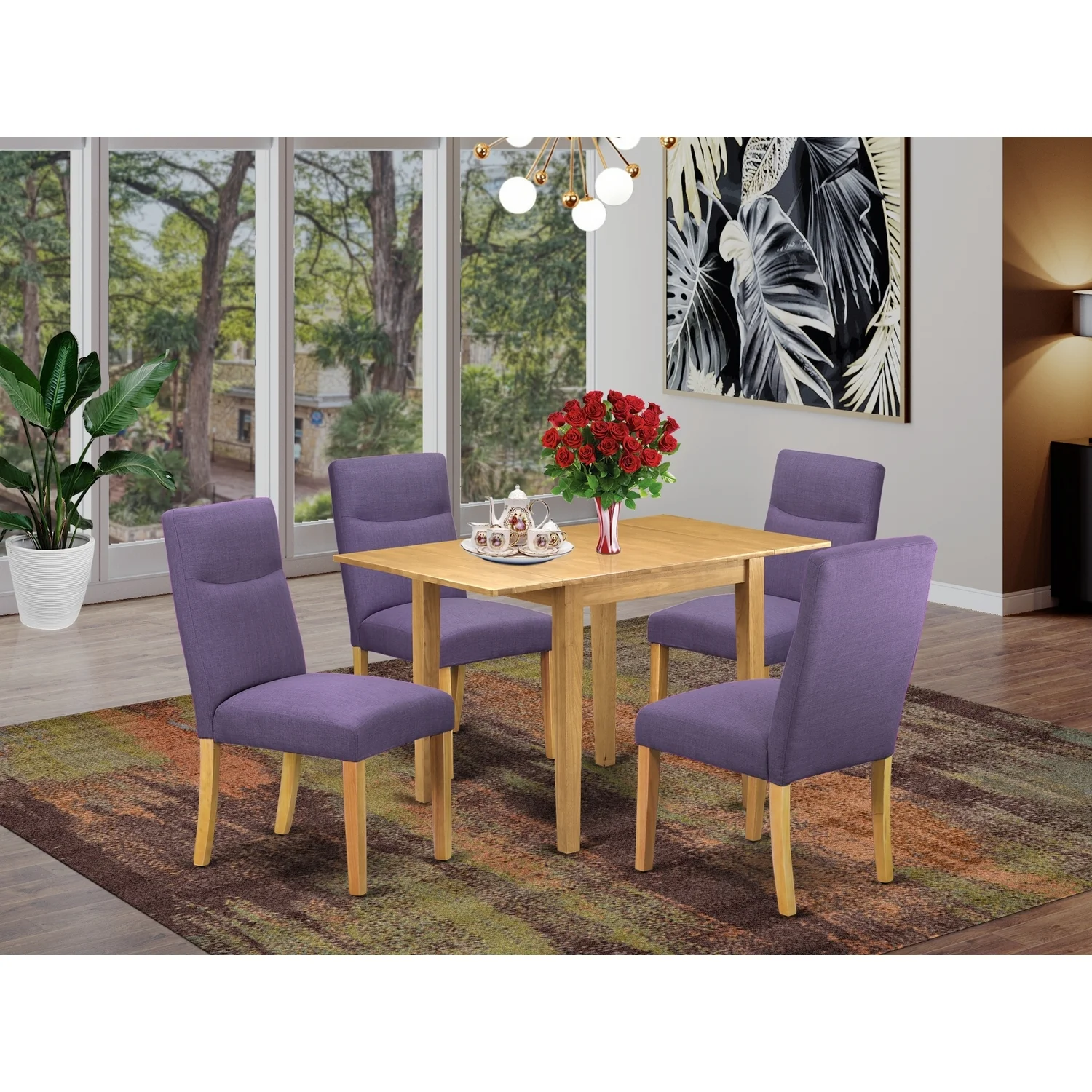 HomeStock Victorian Vibes Dining Table Set 5 Pc - Four Dining Room Chairs And A Modern Dining Table - Oak Finish Wood - Dahlia Color Linen Fabric