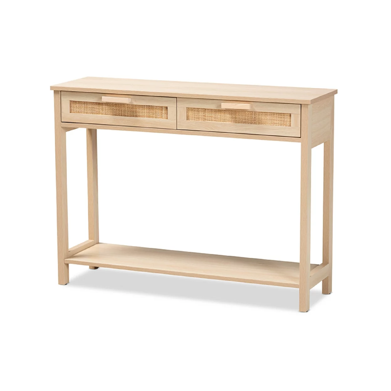 Baxton Studio Sebille Mid-Century Modern Light Brown Finished Wood 2-Drawer Console Table with Natural Rattan
