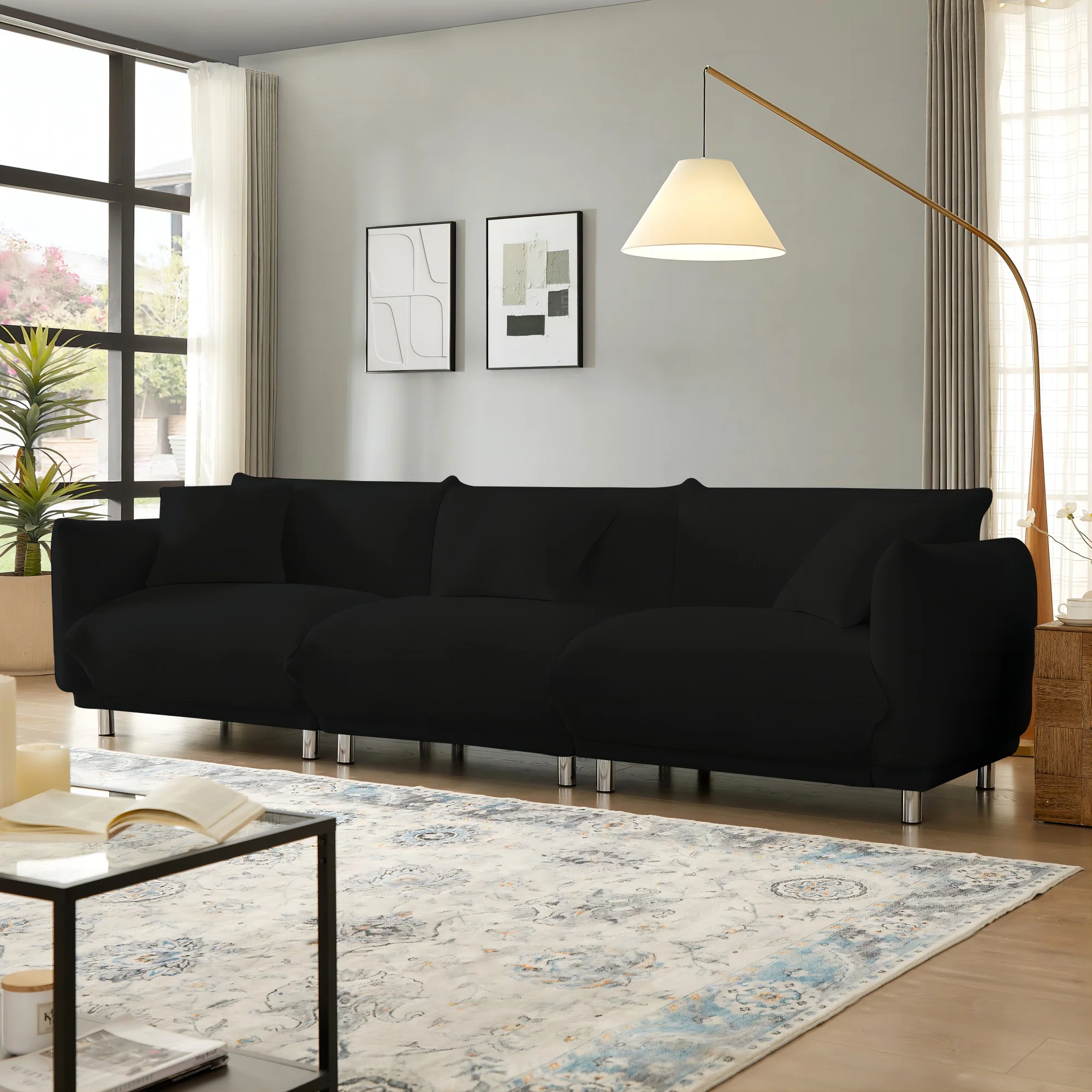 118.5 Inch Living Room Deep Seat Sofa, Comfort 3-Seater Sofa 3 Seat Cushion Sofa Sectional Cloud Sofa with 3 Pillows and Metal Feet for Office