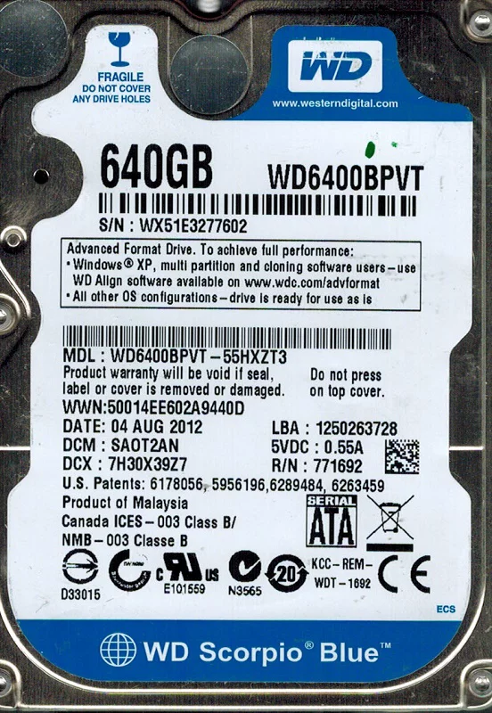 Western Digital WD6400BPVT-55HXZT3 DCM: SAOT2AN 640GB