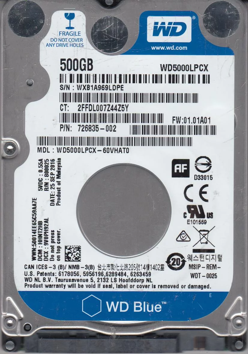WD5000LPCX-60VHAT0, DCM HHNT2HB, Western Digital 500GB SATA 2.5 Hard Drive