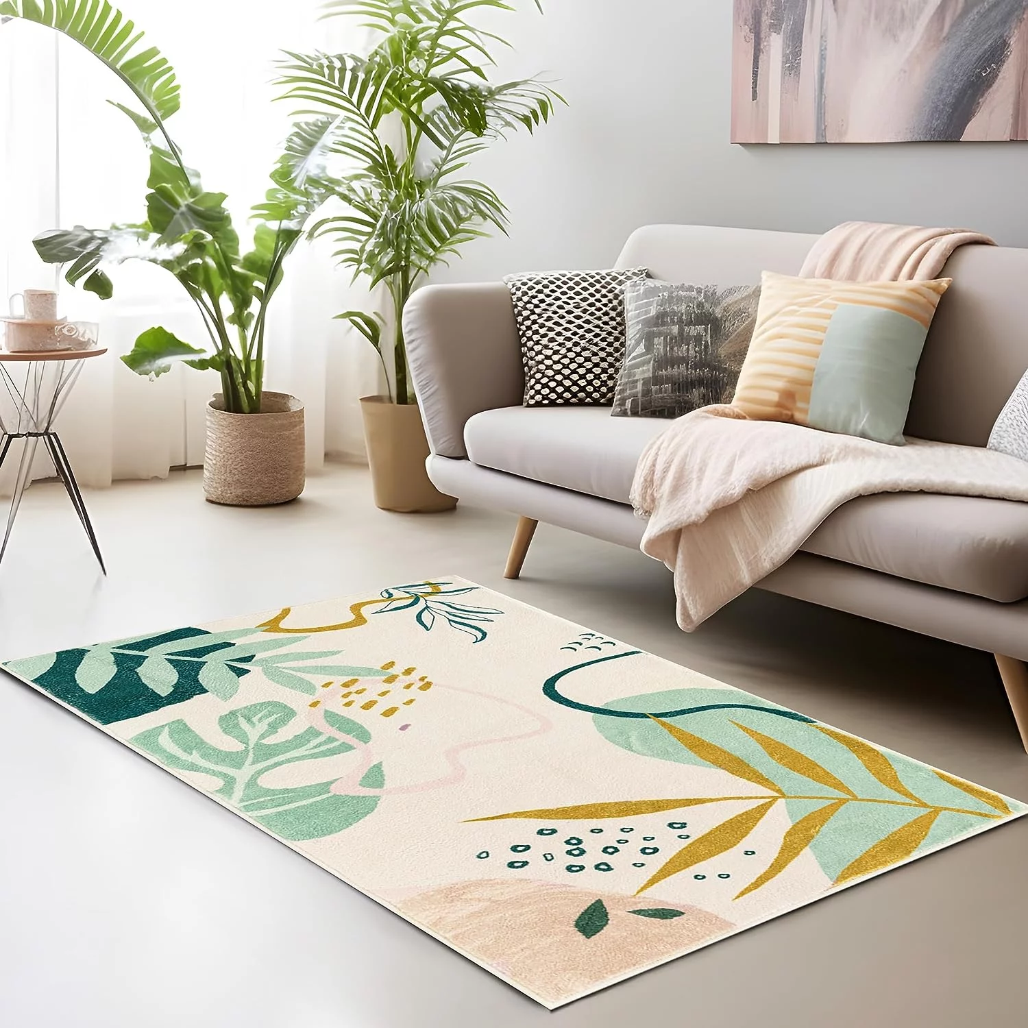 3x5 Area Rug, Small Boho Botanical Print Rug, Non Slip Backing Low Pile Washable Rugs Entry Rug Entrance Carpet for Living Room Bedroom Entryway Indoor