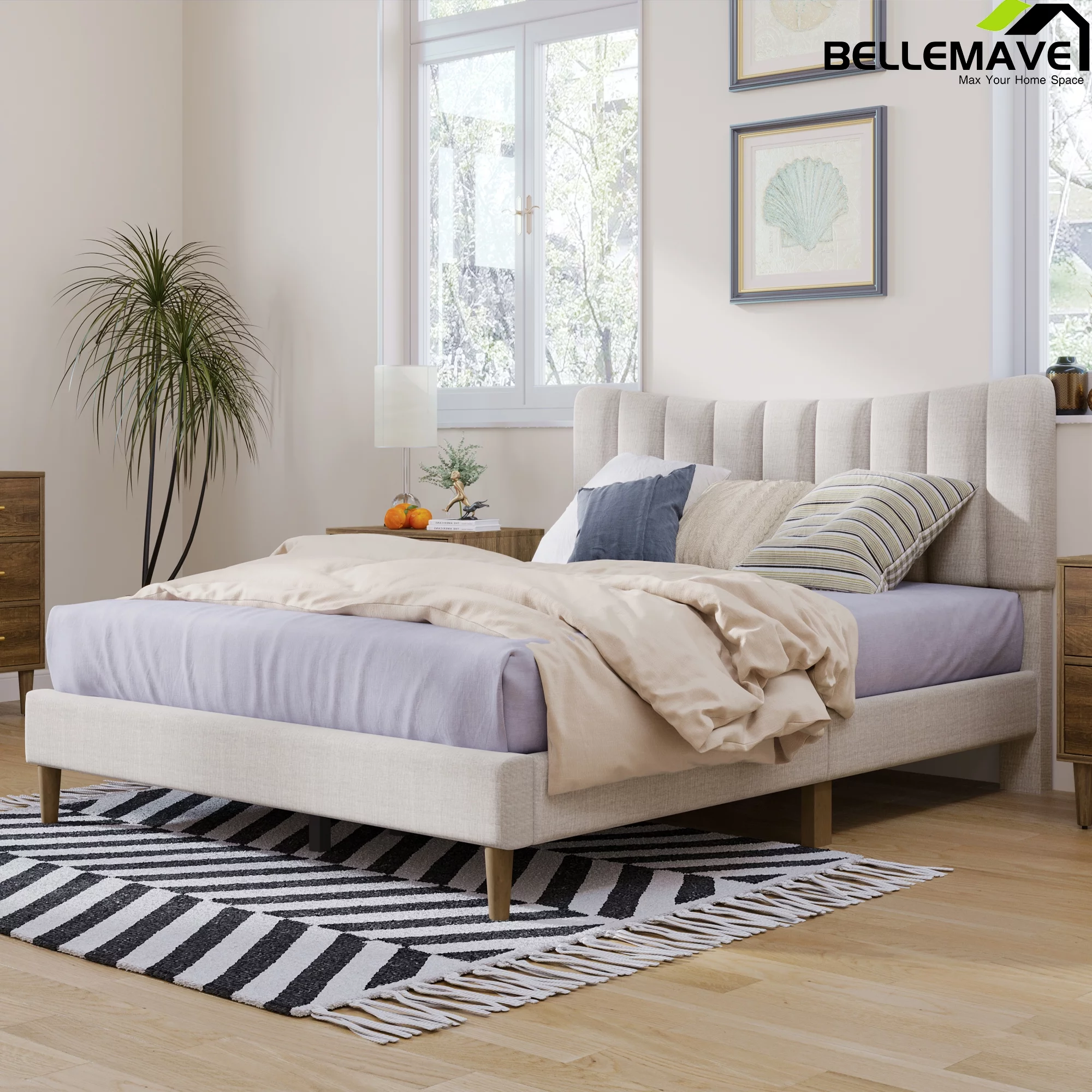 Bellemave Full Size Linen Upholstered Platform Bed with Vertical Channel Tufted Headboard,Modern Full Bed Frames with Wood Slats Support(Cream,Full)
