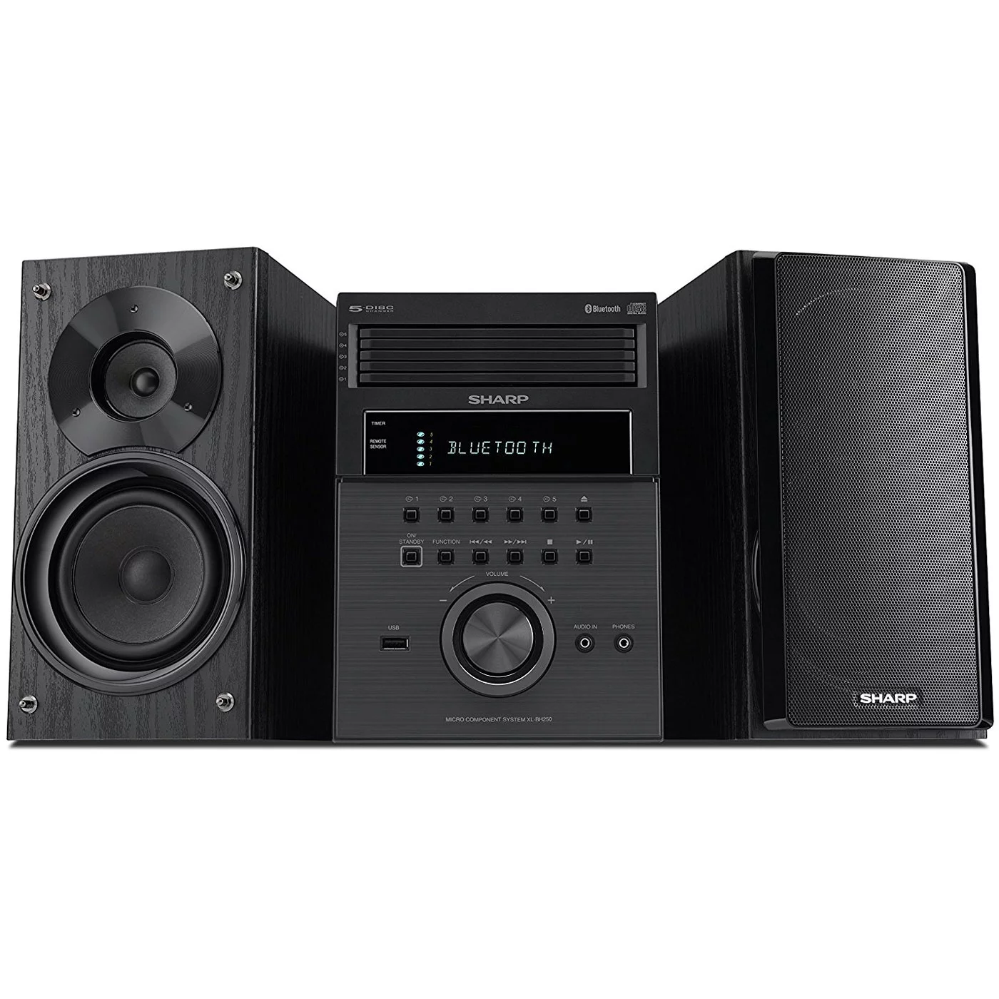 Sharp XL-BH250 Sharp 5-Disc Micro Shelf Executive Speaker System with Bluetooth, USB Port for MP3 Playback, AM/FM, Audio in for Digital Players