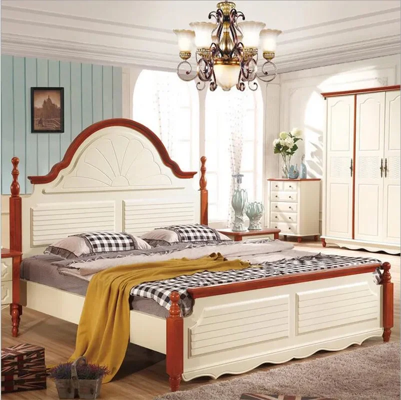 Mediterranean rustic wood bed American country side bedroom furniture 1.8m p10261