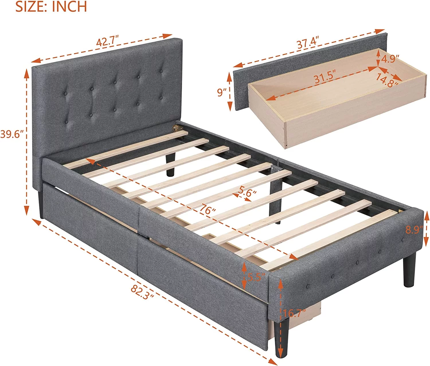Tabaray Twin Bed Frames, Bed Frame Twin Storage Bed Upholstered Twin Size Bed Frames with Headboard and Storage Underneath, Wooden Slats Support, No Box Spring Needed，Beige