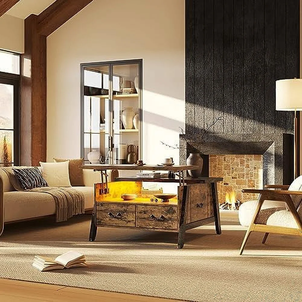 xrboomlife Lift Top Coffee Table for Living Room  Mid Century Modern Wood Coffee Table with Led Lights &  Drawers  Dual Color Tabletop Industrial Coffee Table (Rustic Brown+Golden Bla