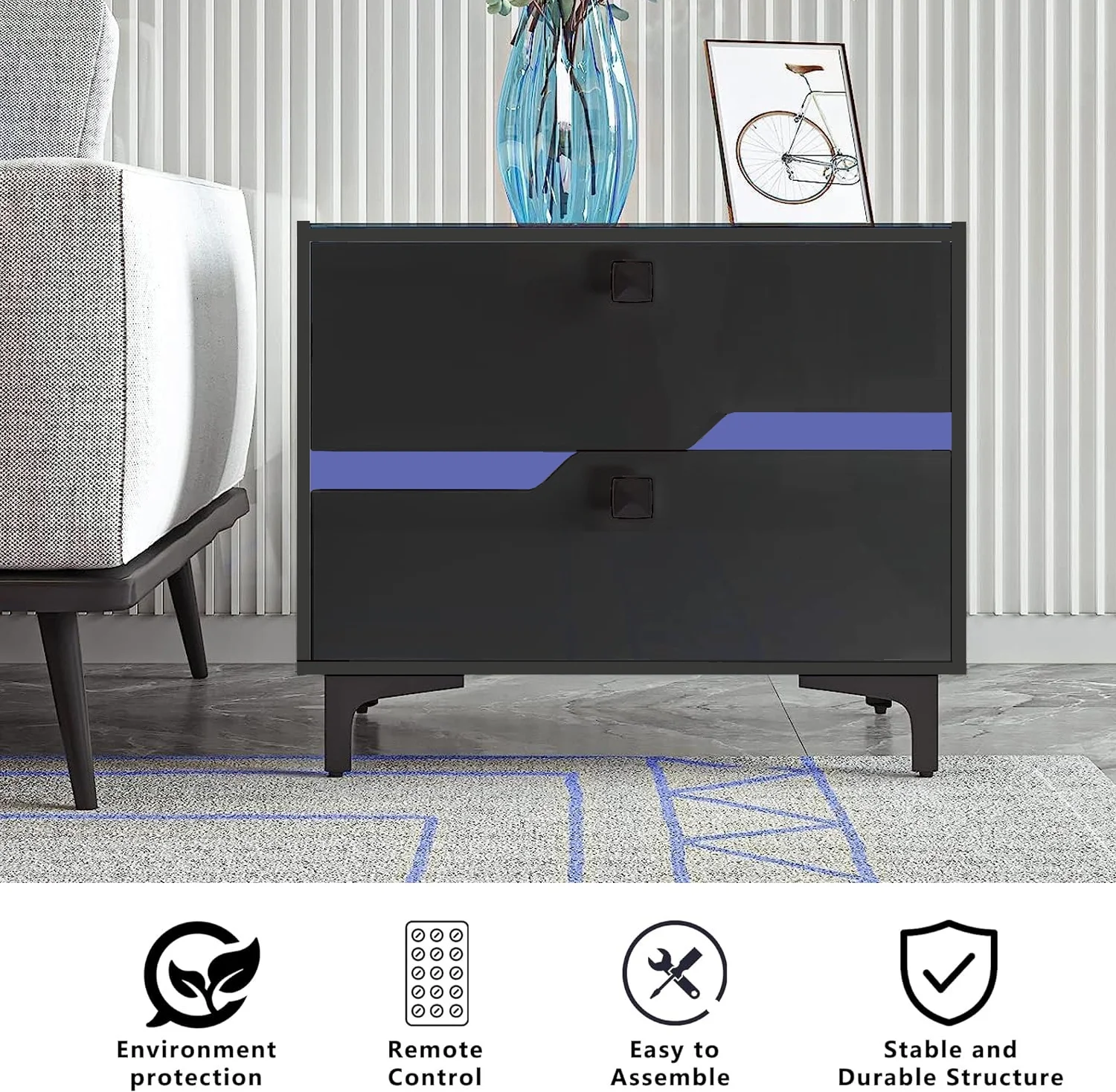 Glavbiku Modern Wood Bedside Table with 2 Drawers,Nightstand with LED Light for Bedroom,Adult,Black