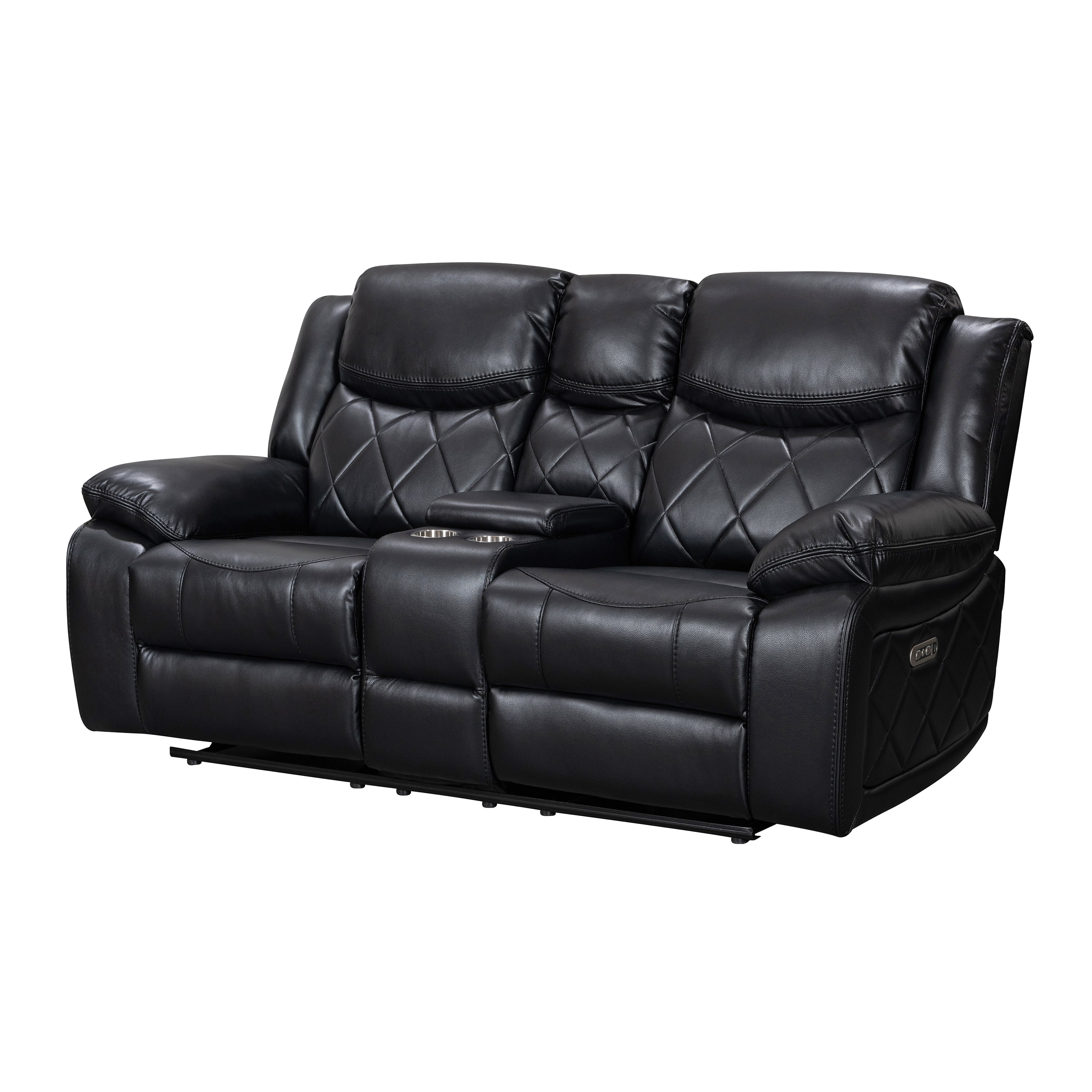 Contemporary Living Room Plush Faux Leather Upholstered Power Reclining Sofa, Black