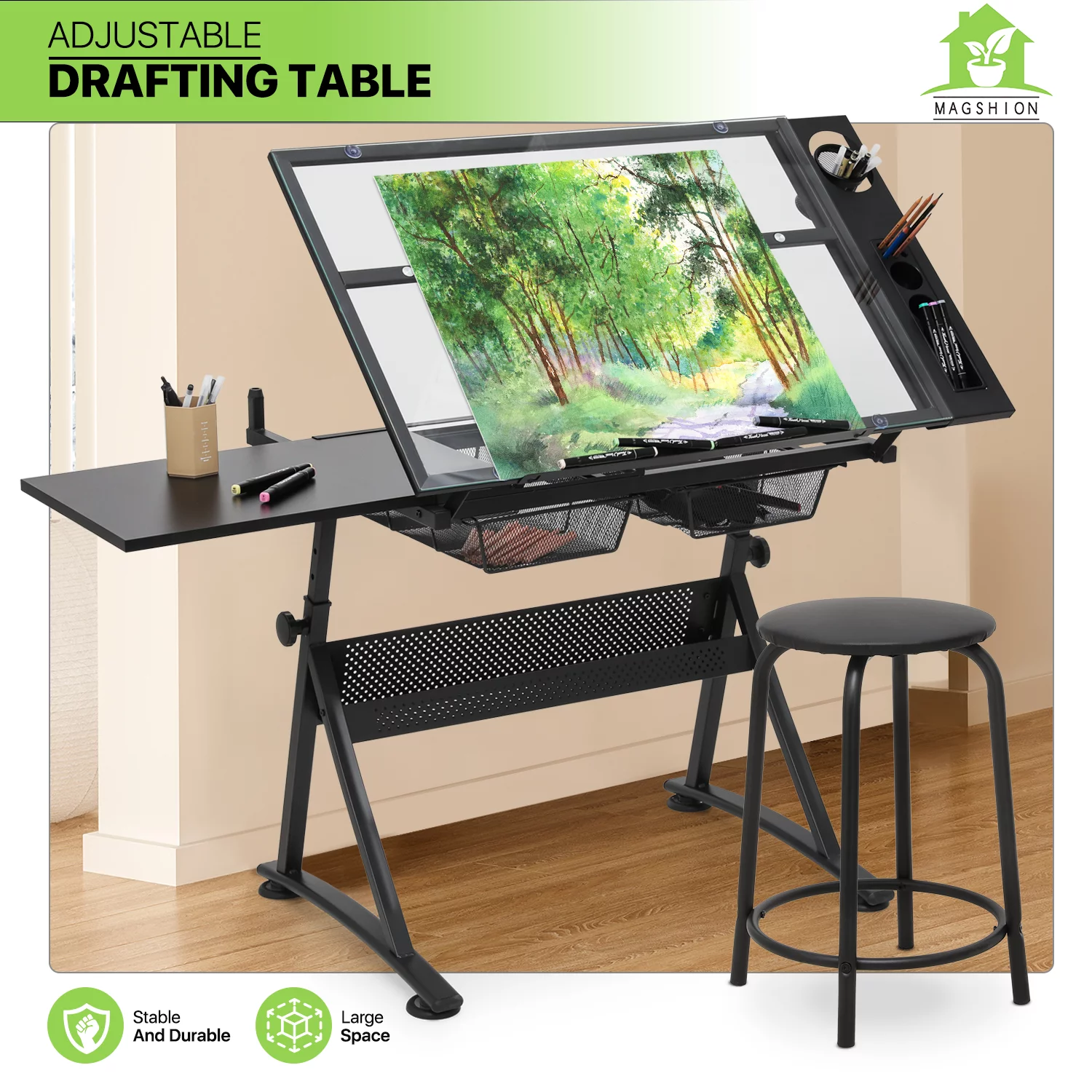Magshion Craft and Drawing Station with Stool Set, Tempered Glass Top Drafting Table with Slide-Out Tabletop, Drawers & Side Trays, Adjustable Angle & Height Work Surface, Black