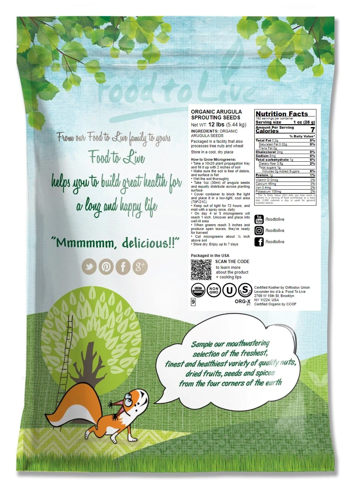 Organic Arugula Sprouting Seeds, 12 Pounds — Non-GMO, Raw, Vegan, Sproutable — by Food to Live