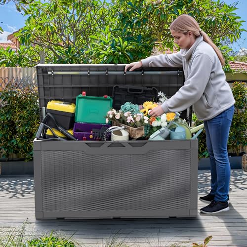 Greesum 100 Gallon Resin Deck Box Large Outdoor Storage Bench with Cushions for Garden Tools, Patio Furniture Pillows, Pool Supplies, Black