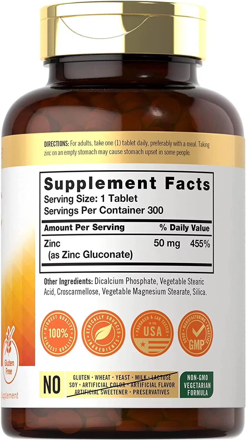Zinc Gluconate 50mg  | 300 Tablets | Vegetarian Formula | by Carlyle