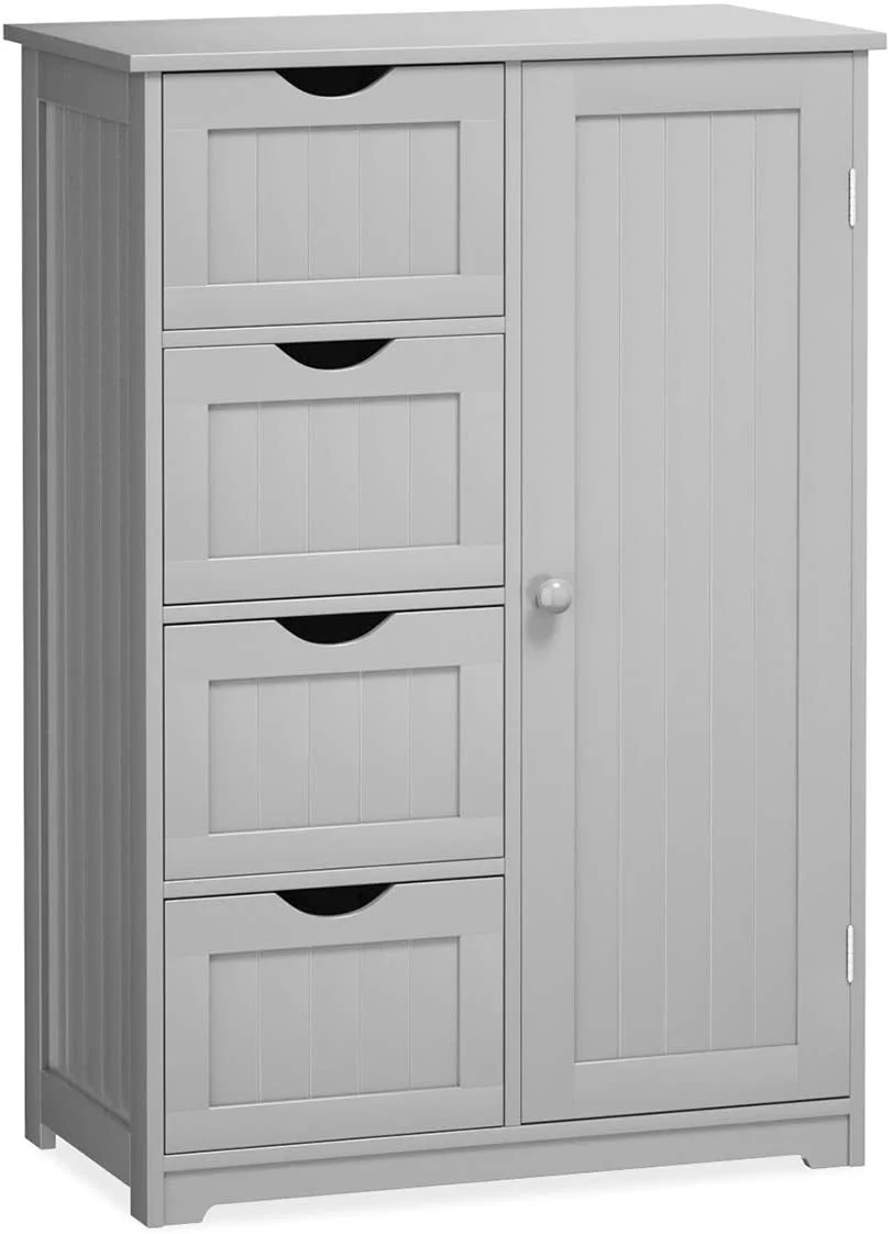 Bathroom Storage Cabinet Freestanding, Floor Cabinet with 4 Drawers & 1 Cupboard, 3-Level Adjustable Shelf & Anti-Toppling Device, Entryway Storage Unit Console Table, Storage Organizer(Gray)