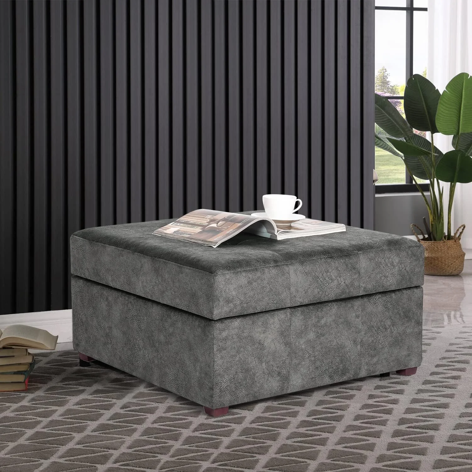 Fabric Button Tufted Storage Ottoman Bench, Square Coffee Table Footstool Footrest With Wood Legs For Living Room (Gray)