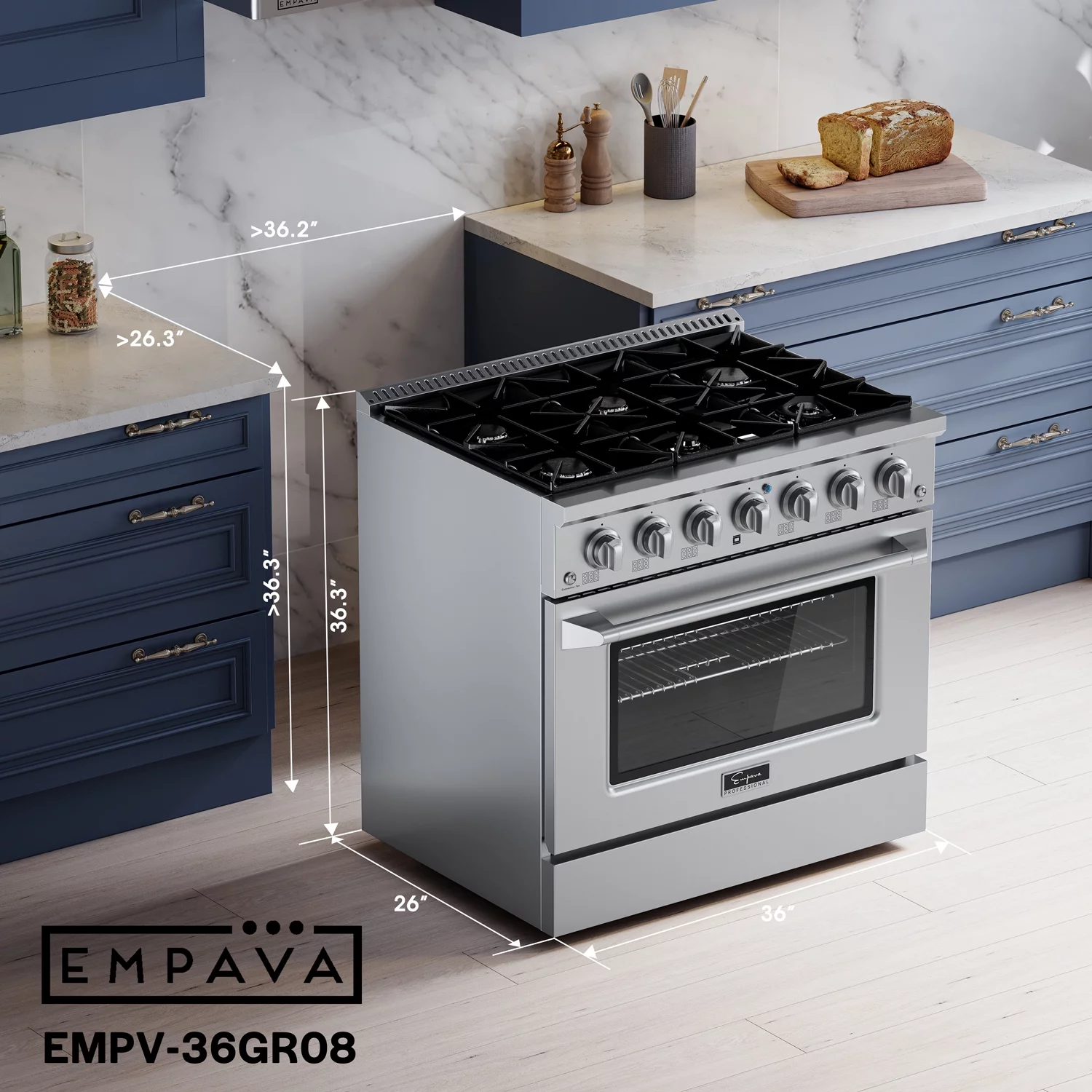 Empava 36 in. 5.2 cu. ft. Pro-Style Slide-In Single Oven Gas Range with 6 Sealed Ultra High-Low Burners - Heavy Duty Continuous Grates in Stainless Steel