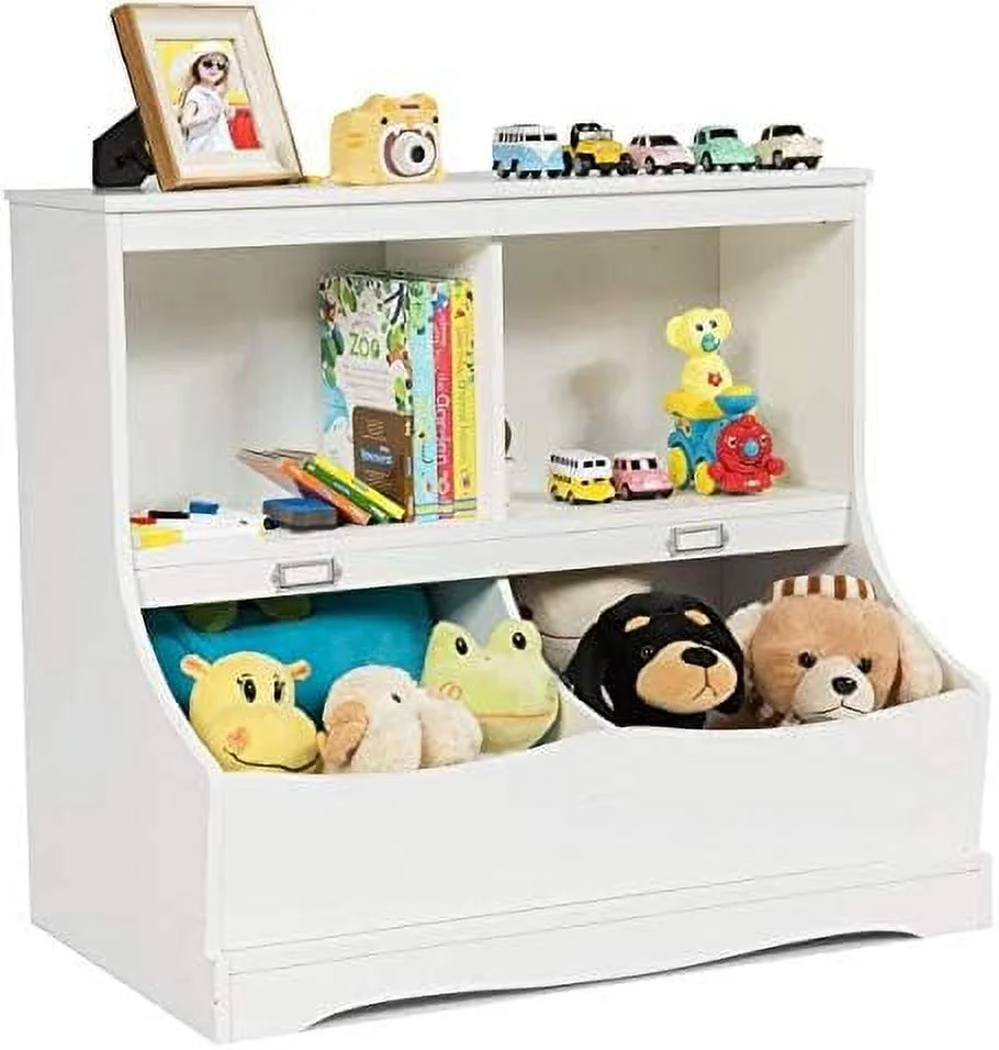 HJZBNONE 4-Cubby  Bookcase with Footboard  Name Card  Multi-Bin Children's Toys  and Organizer Book  Display  Wooden Toy Box Chest Cabinet for  Room Playroom Bedroom Nursery (White)