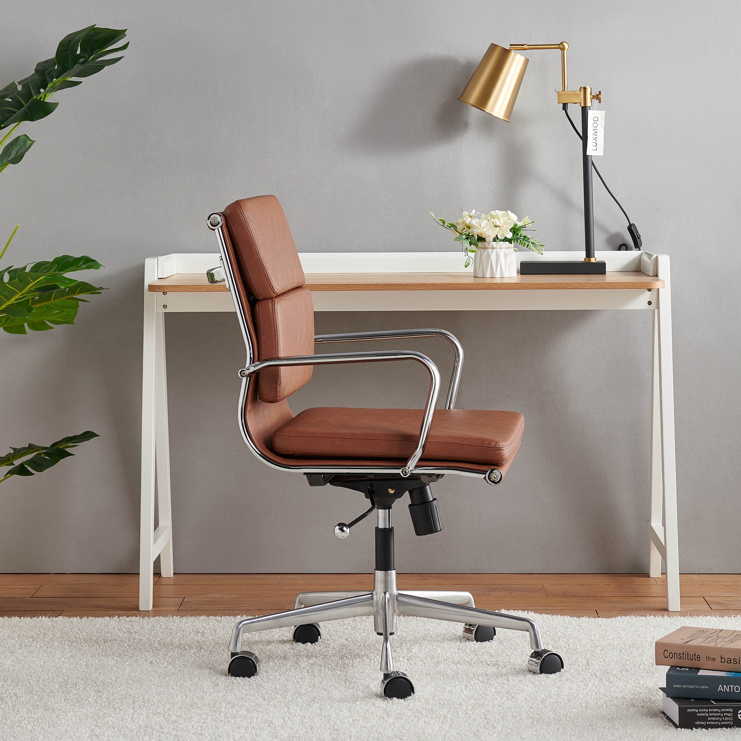 LUXMOD Home Office Desk Chair with Armrest Adjustable Swivel Chair Soft Pad Brown Leather Office Chair Arm Chair Ergonomic Desk Chair for Extra Back and Lumbar Support upholstered Living Room chair