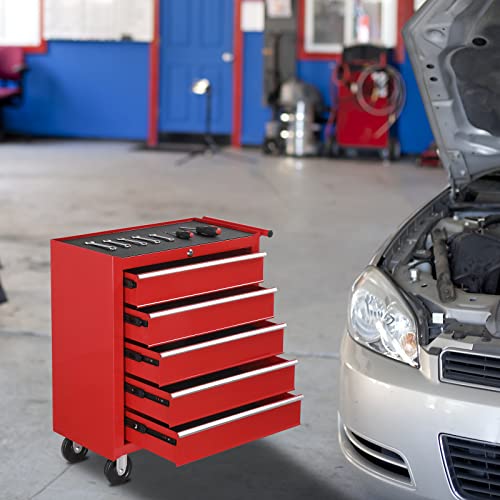 TUFFIOM 5-Drawer Rolling Tool Chest w/Drawers & Lock, Tool Storage Cabinet with Lockable Wheels, Top Cushion & Drawer Liners, Tool Organizer Box for Garage, Warehouse & Repair Sho