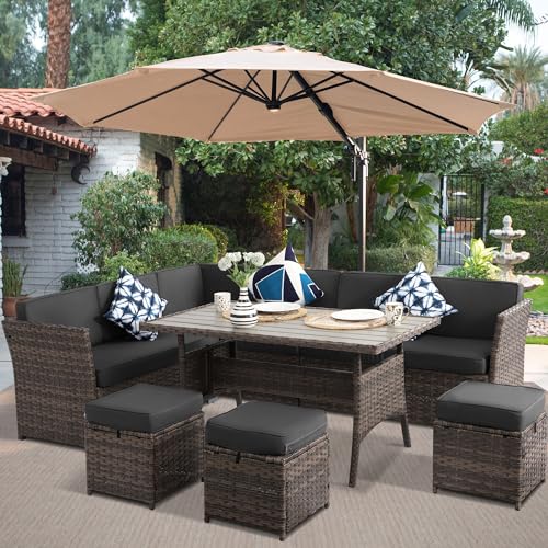 KIGOTY 7 Piece Patio Furniture Set, Outdoor PE Wicker Rattan Outdoor Dining Set, Patio Table and Chairs Set, Patio Conversation Sofa Set with Dining Table and Ottoman (Brown-Grey, 7 PCS-A)