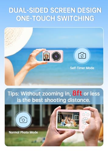 Digital Camera, 4K 64MP UHD Dual Screens Camera, 18X Zoom, Portable Small Point and Shoot Digital Cameras with 64GB TF Card, 2 Rechargeable Batteries for Kids, Teens, Adult, Selfies, Gifts- White