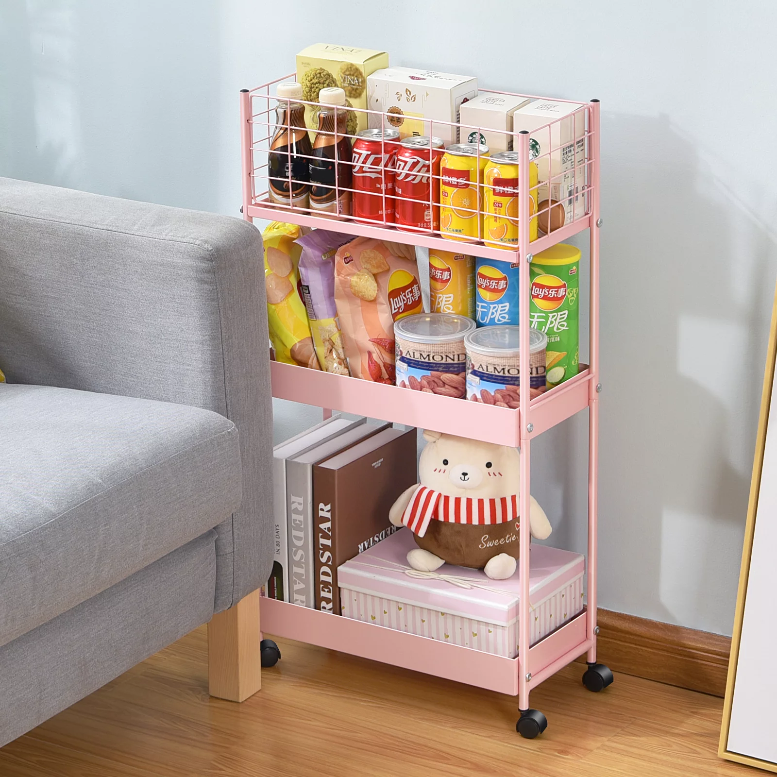 TOOLF Rolling Cart, 3-Tier Metal Cart, Slim Storage Cart for Home & Office, Pink