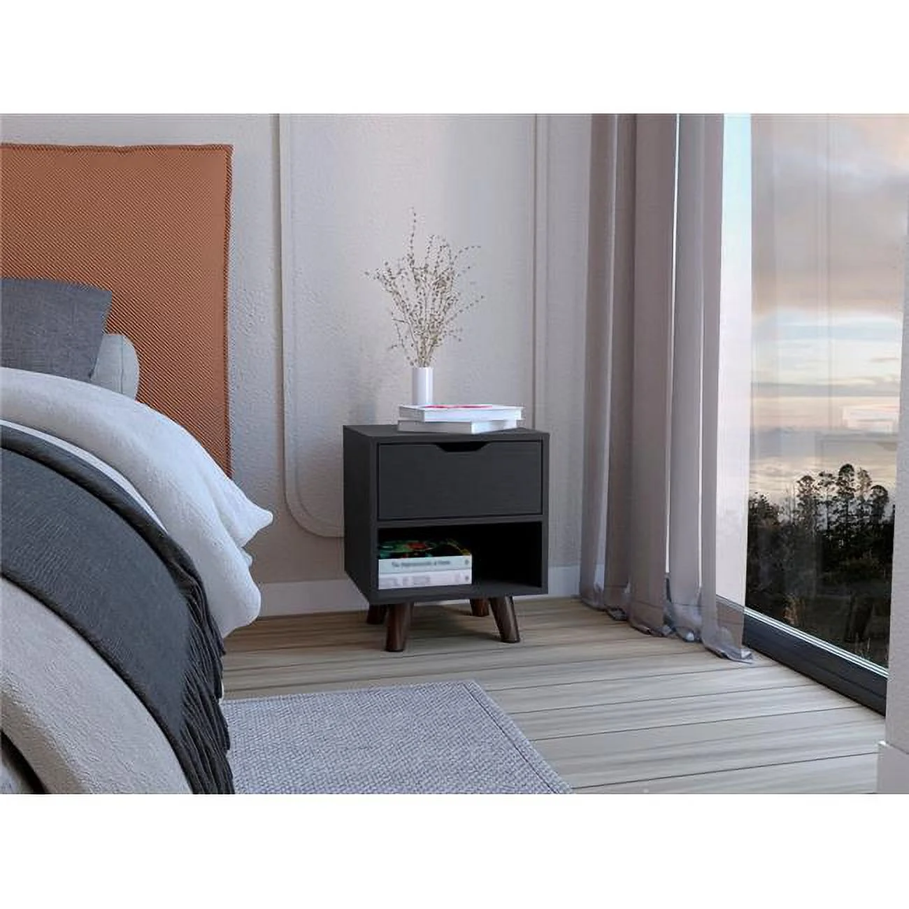 Depot E-Shop Nightstand with Spacious Drawer, Open Storage Shelf and Chic Wooden Legs, Black