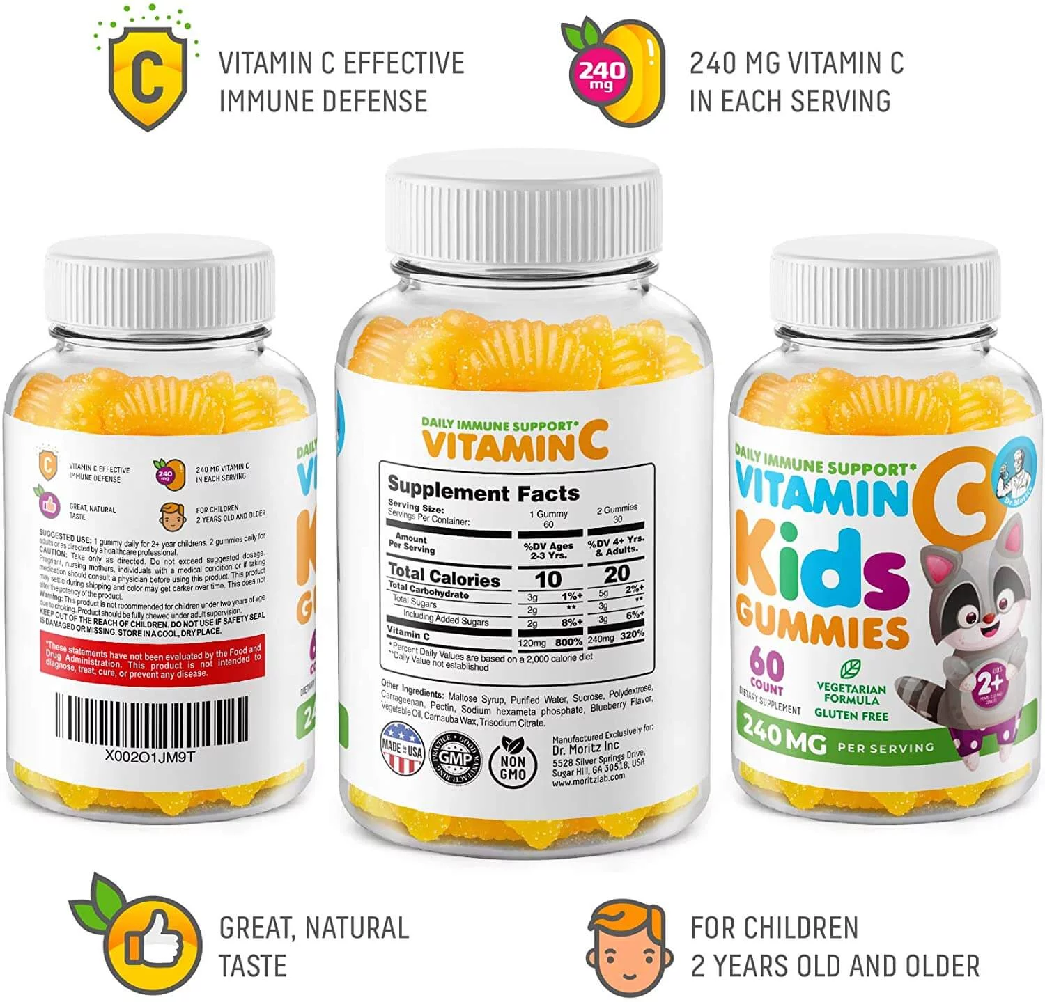 Vitamin C Gummies for Kids & Adults 240 mg - Immune Support Low-Sugar Chewable Gummy Vitamins for Toddlers - Vegetarian Gelatin-Free (Citrus Flavor) (120 Count)