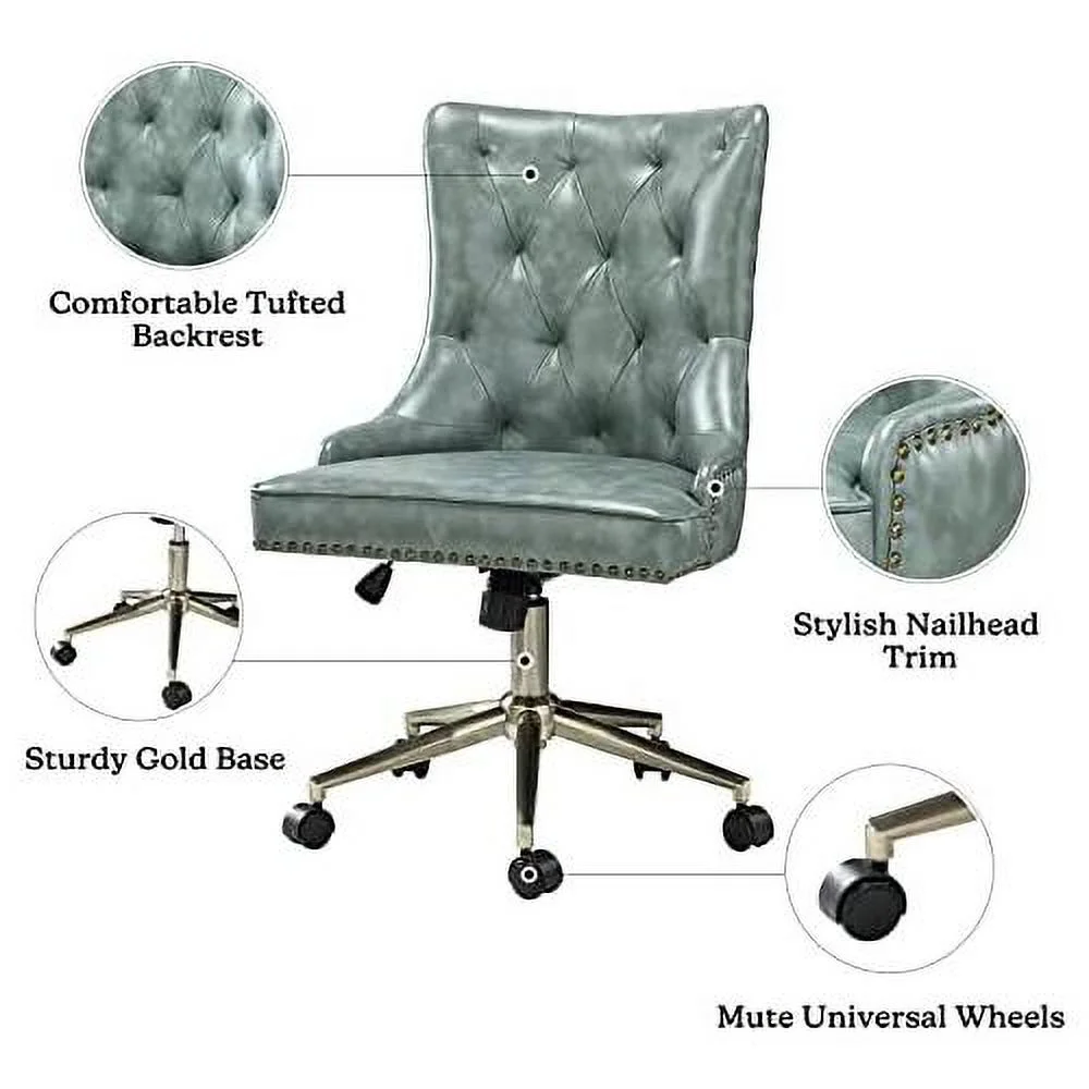 PU Leather Office Chair Armless, Home Office Leisure Chair Ergonomic -Back PU Leather Armless Chair Upholstered With 5 Rolling Casters, Height Adjustable Swivel Task Chair, SAGE