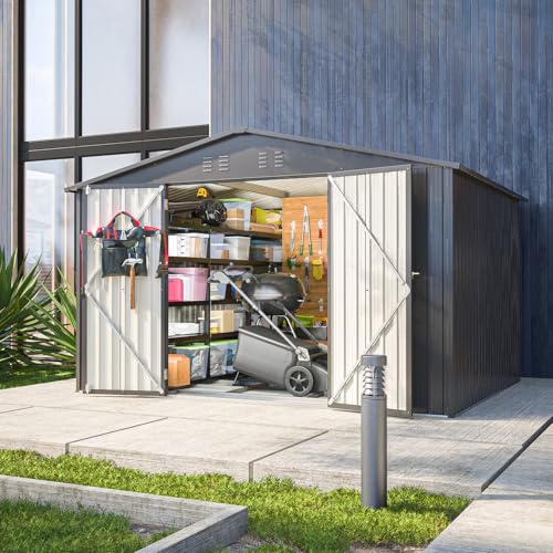 6x4 ft Small Outdoor Metal Storage Shed with Floor Frame & Lockable Door, Heightened Entry Garden Tool Shed for Backyard, Durable Galvanized Steel, Easy Assembly - Grey