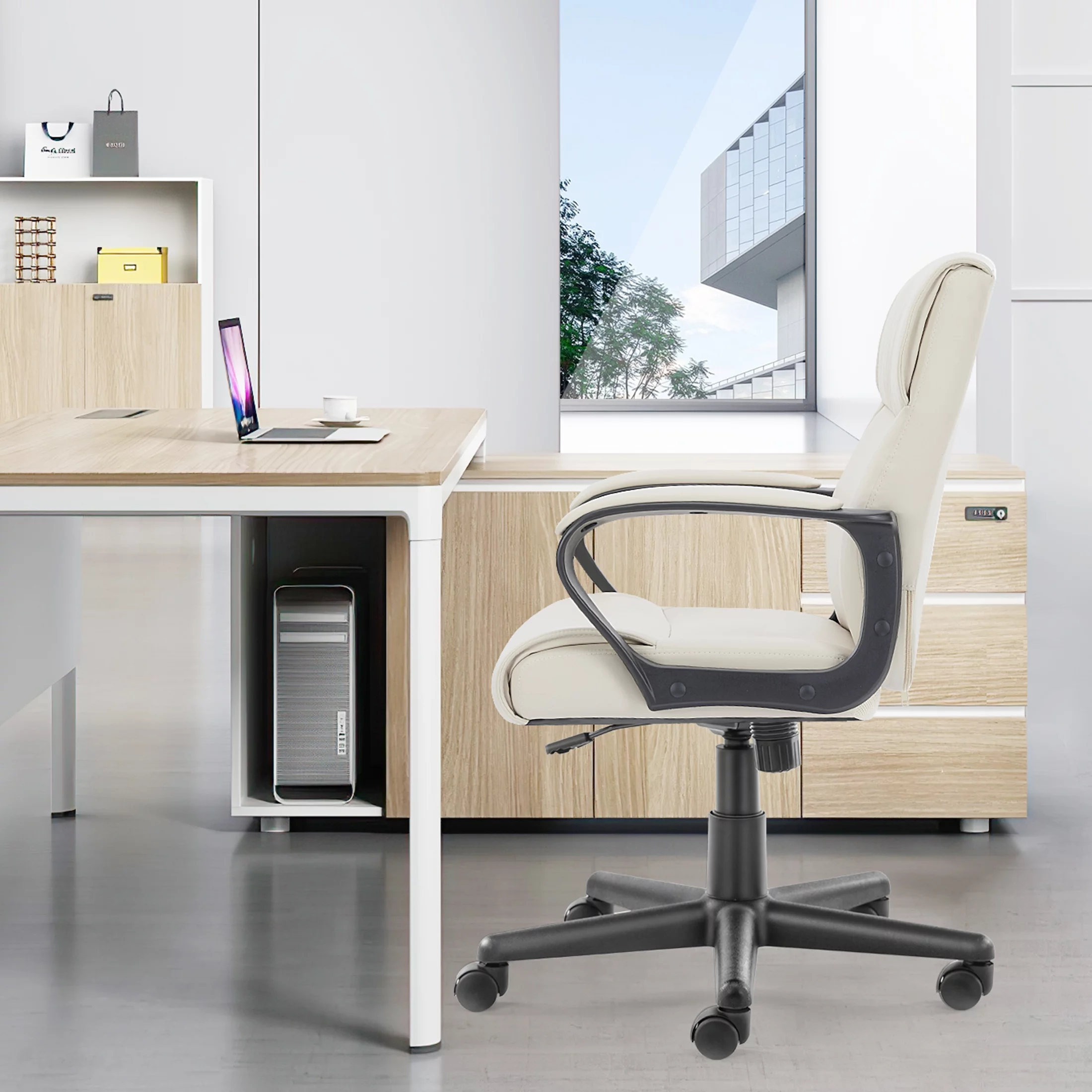 Yoyomax PU Leather Office Chair, Adjustable Mid-Back Computer Desk Chair, Swivel Executive Desk Chair with Padded Armrests for Home Office, White