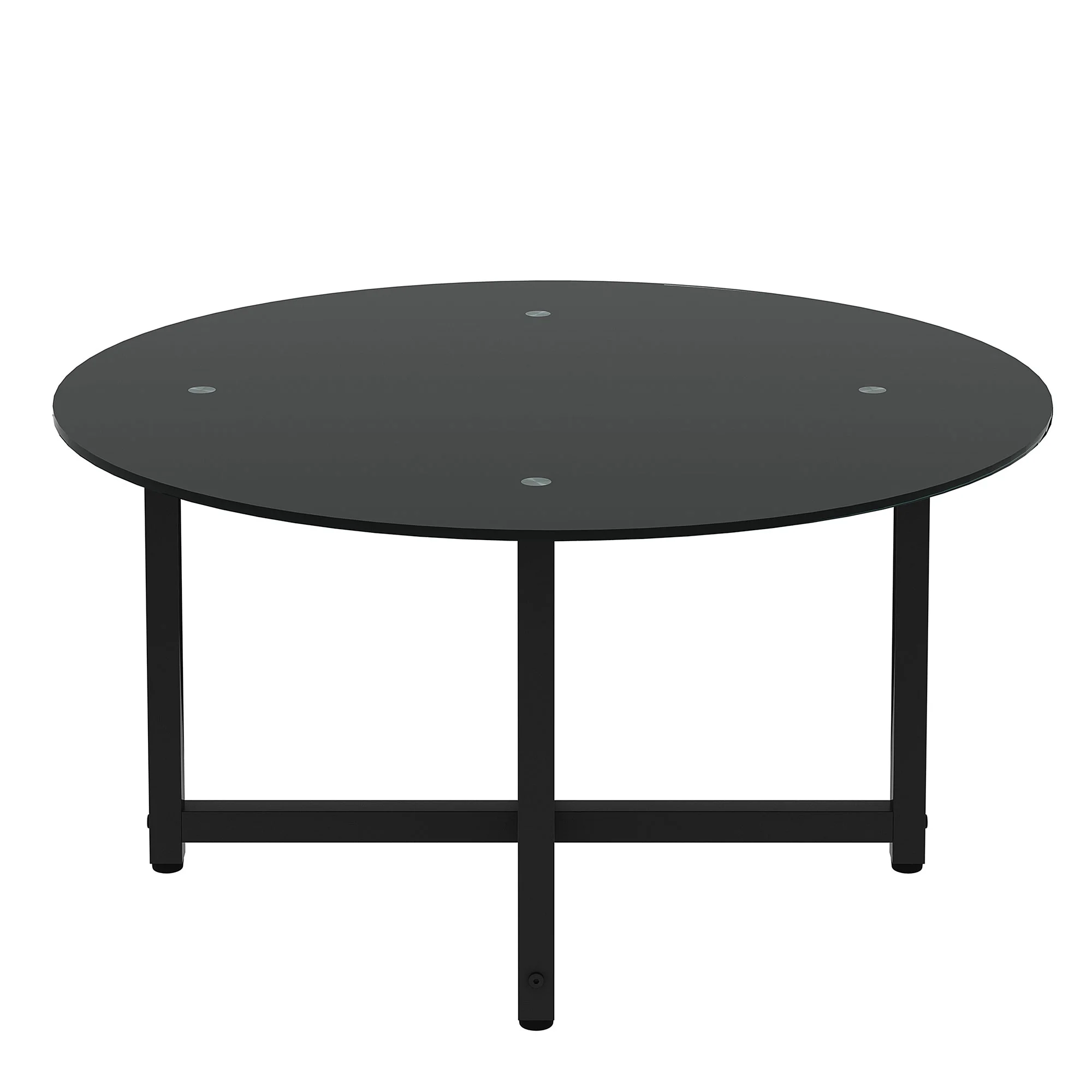 Concise Design Round Coffee Table with Glass Table Top and Metal Base, Black