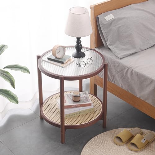 Tiita Rattan Coffee Table, Large Round End Table, 27.6 Inch Modern Side Table, Living Room Side Table, Glass Sofa End Table for Balcony and Office Outdoor/Indoor (Wood)