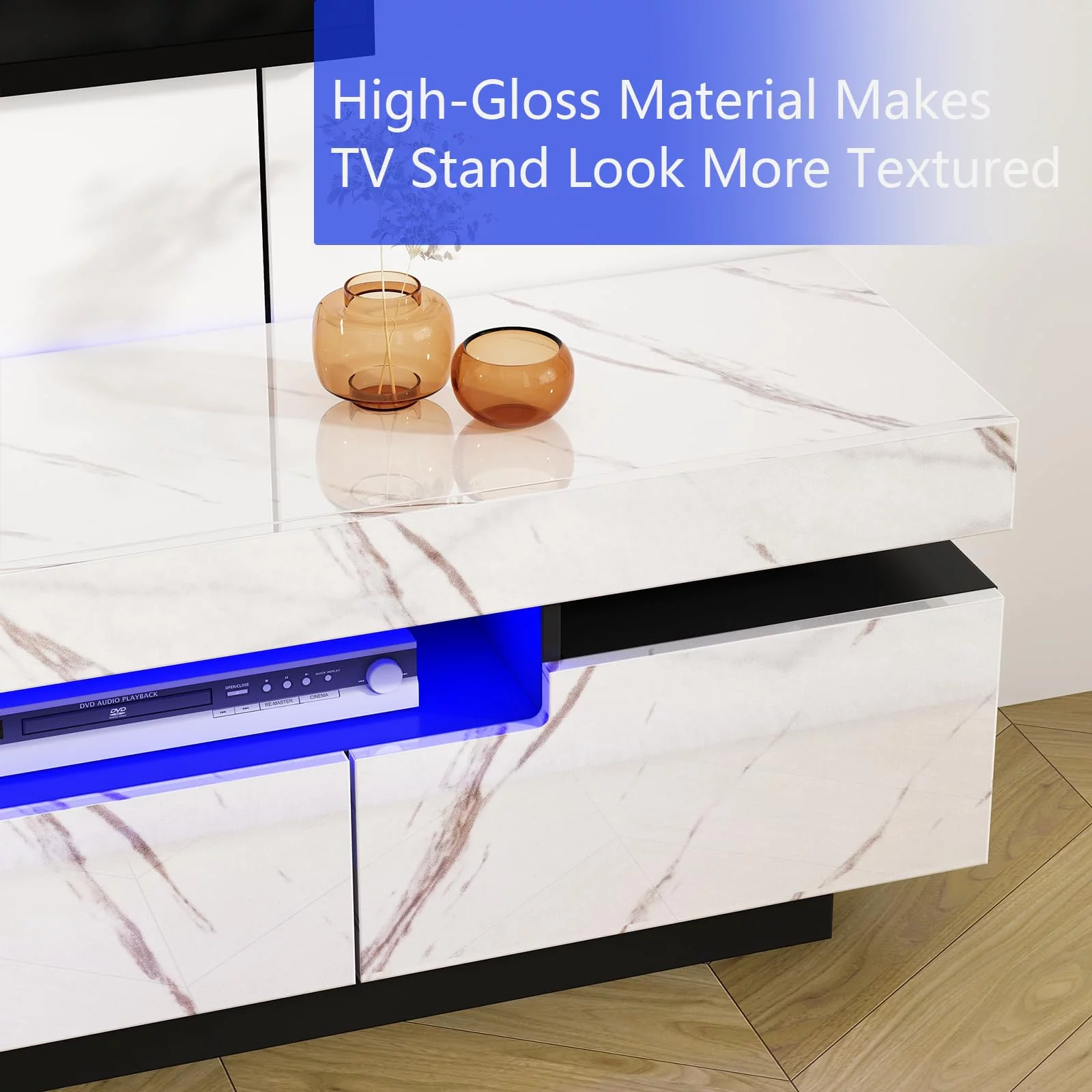 ChVans Led TV Stand for 85/80/75 inch TV, 70.9IN High Gloss Modern LED TV Stand with Storage, Entertainment Center with APP RGB Light,Television Stands for Living Room, White Marbling