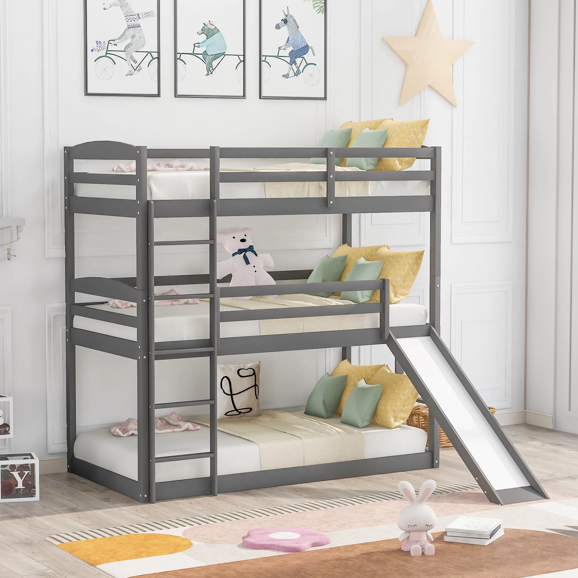 Merax Wood Twin-over-Twin-over-Twin Floor Triple Bunk Bed for Kids Room, Gray