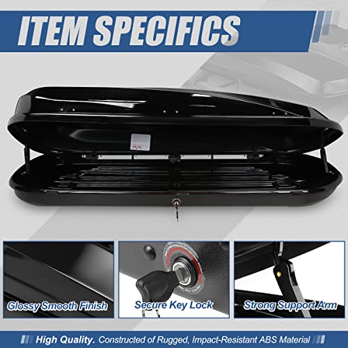 Auto Dynasty Hard Shell Roof Top Mount Car Storage Travel Luggage Box Cargo Carrier, 53 (L) x 34 (W) x 15 (H) Inches, Capacity 110 Pounds, 11 Cubic Feet (Tool-Free Install), Glossy Black Finish
