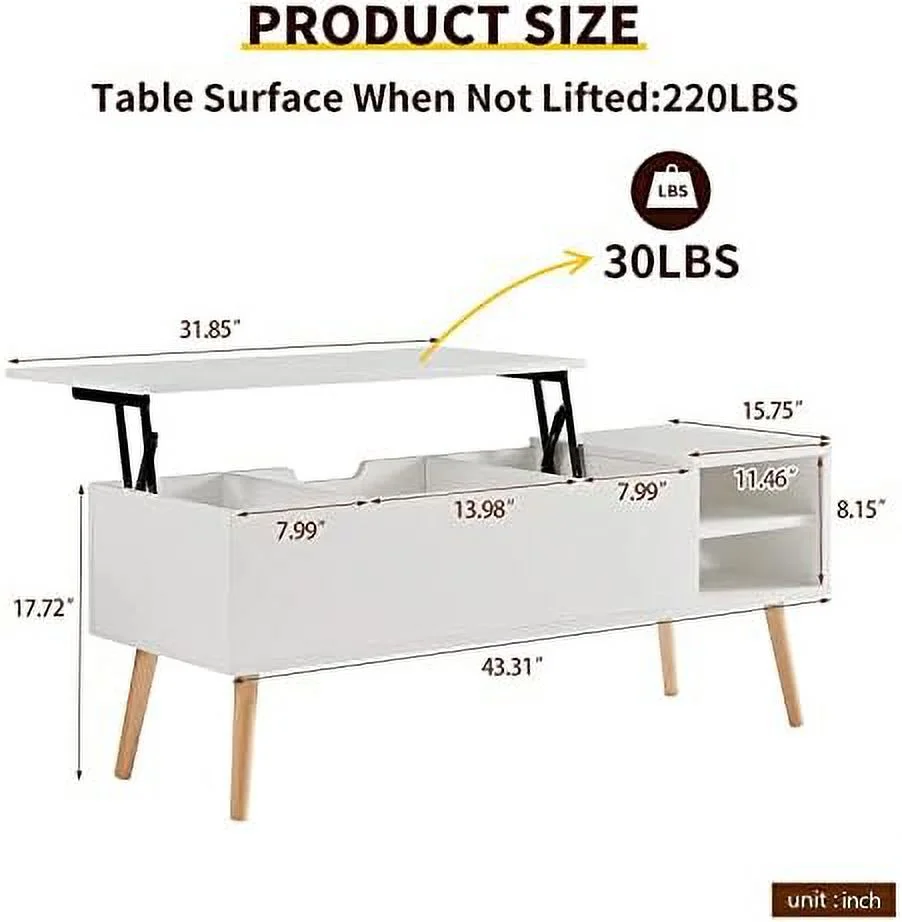 TJUNBOLIFE 43" Lift Top Coffee Table for Living Room  Wooden Center Coffee Table with Hidden  & Open Shelves  Matte White
