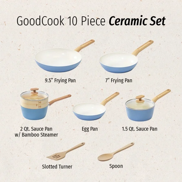 GoodCook Healthy Ceramic Titanium-infused 10-Piece Cookware Set with tools, Light Blue