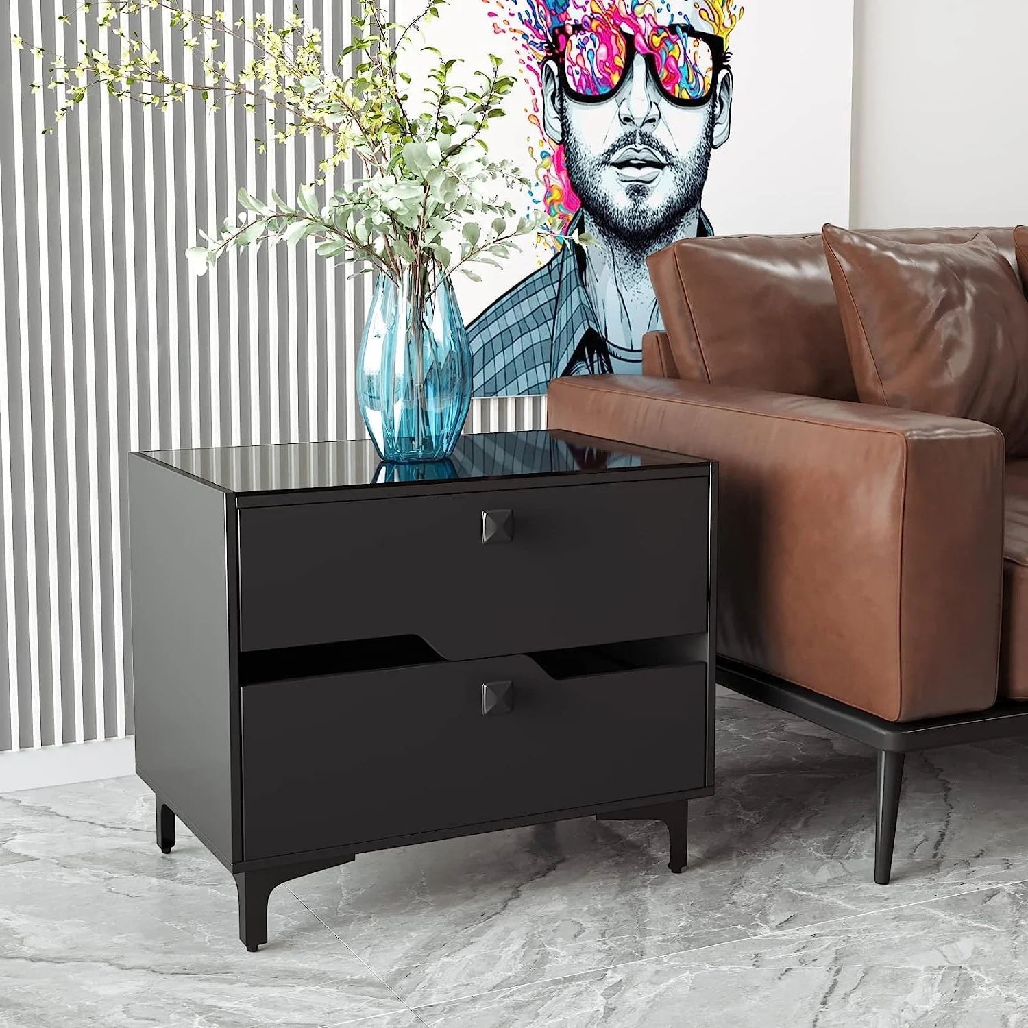 Glavbiku Modern Wood Bedside Table with 2 Drawers,Nightstand with LED Light for Bedroom,Adult,Black