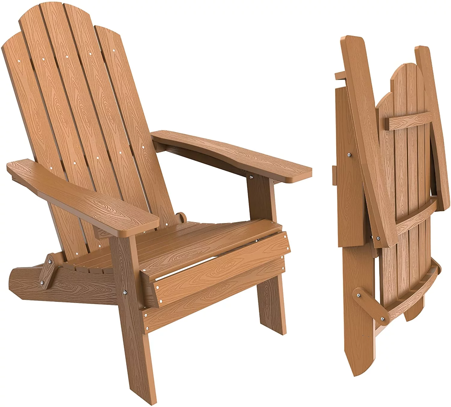 Folding Adirondack Chair Plastic Weather Resistant, Outdoor Chair, Patio Chairs, Lawn Chair, Outside Funiture for Porch, Garden, Deck, Fire Pit, Patio Seating (1, Teak)