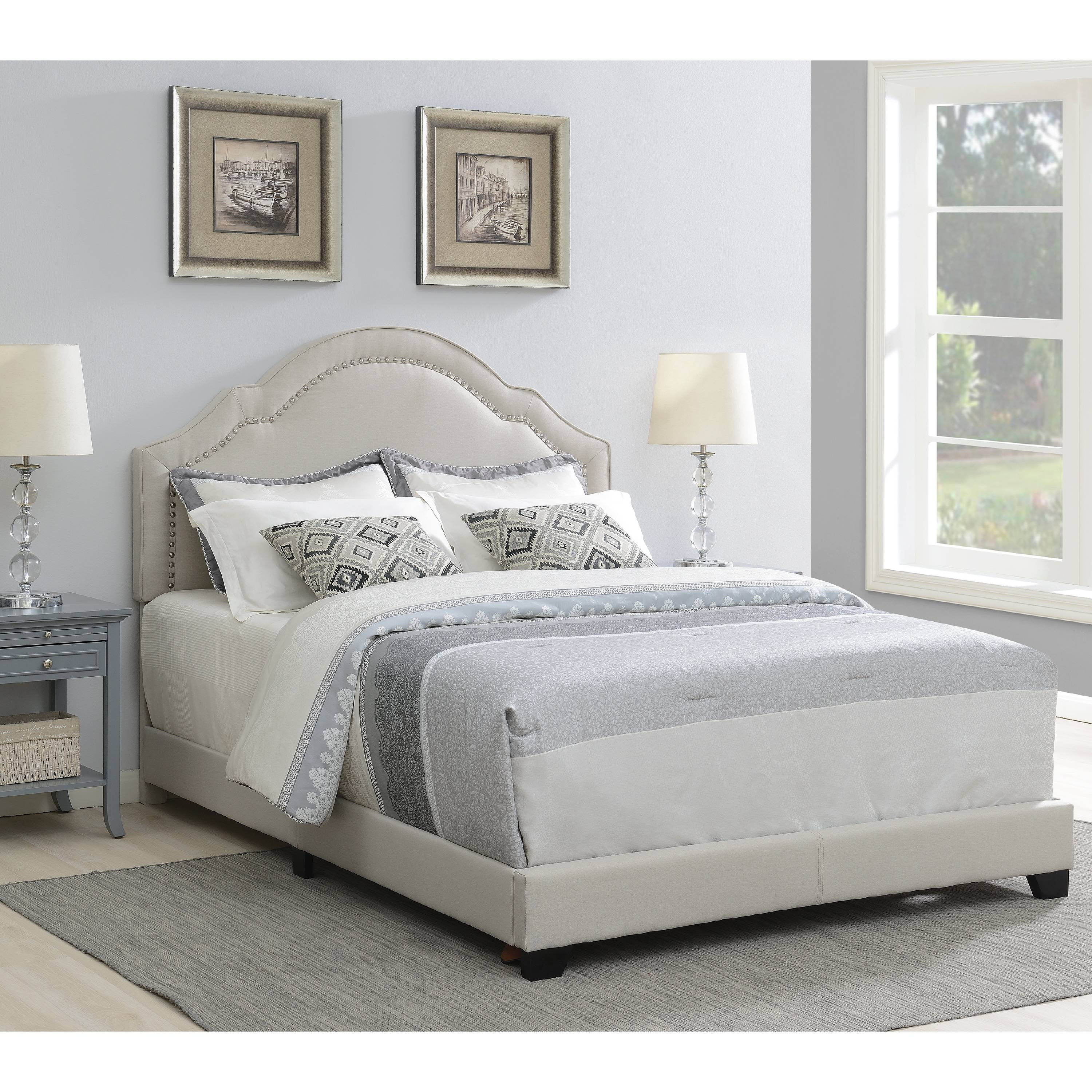Shaped Back Upholstered Queen Bed in Warm Grey