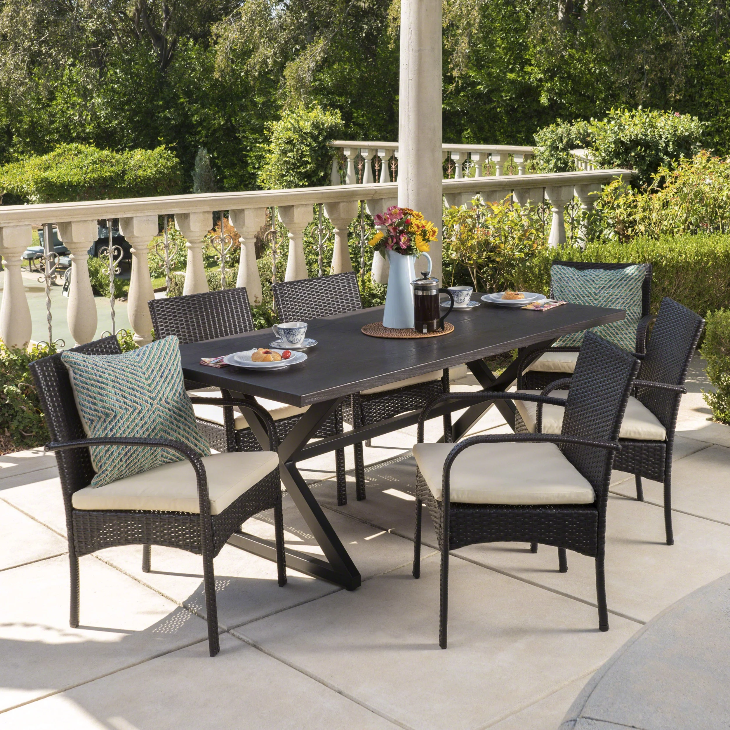 Noble House Aamaya Outdoor 7 Piece Aluminum Dining Set with Wicker Dining Chairs and Cushions, Brown, Black, Multibrown, Crème